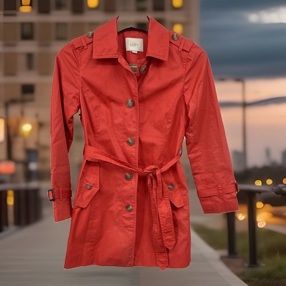 Ann Taylor LOFT Petites Womens XXSP Orange Mid-Length Belted Trench Coat Lined